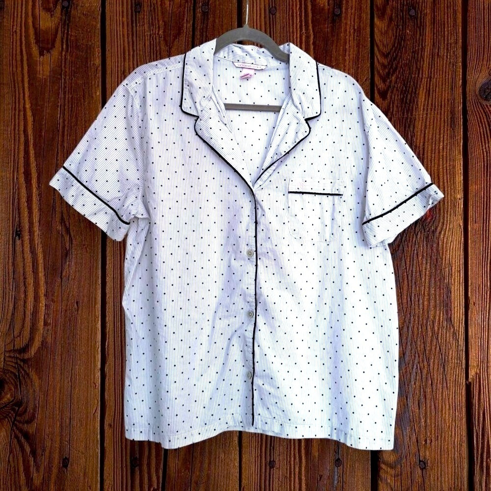 VICTORIA'S SECRET Gray Stripe Black Mini Dot Button Front Short Sleeve PJ Top L